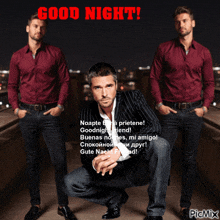 a man in a red shirt is kneeling down in front of two other men with the words good night in red letters