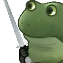 a green frog is holding a sword in its paw .