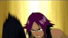 a cartoon character with purple hair is standing in front of a yellow wall .
