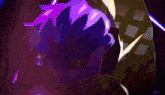 a close up of a person with purple hair
