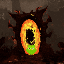 a green cartoon character is standing in front of a fire ring