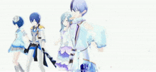 three anime characters are standing next to each other with their arms outstretched .