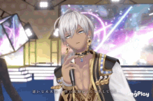 a man with white hair is holding a microphone in front of a sign that says imgplay on it