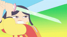 a cartoon girl is holding a sword in her hand