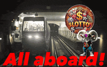a train is going down the tracks with a balloon that says lotto memecoin