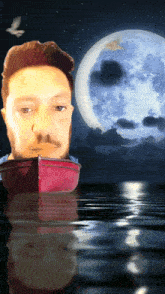 a man in a boat with his head in the water in front of a full moon