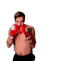 a shirtless boxer wearing red boxing gloves against a white background