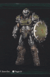 a video game character with a green shield and a toggle button