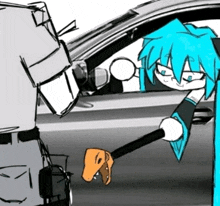 a cartoon drawing of a man and a woman standing next to each other in a car