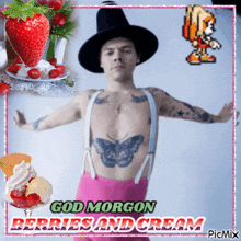 a picture of a shirtless man with a butterfly tattoo on his chest and the words god morgon berries and cream on the bottom