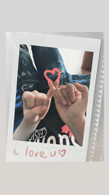 a polaroid picture of two people making a heart with their fingers and the words " i love u " on the bottom