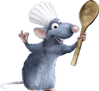 a cartoon mouse wearing a chef 's hat holds a wooden spoon