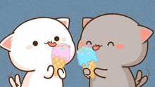 two cartoon cats are eating ice cream and one has a pink ice cream cone in its mouth