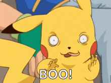 a cartoon pikachu is making a funny face and saying boo !