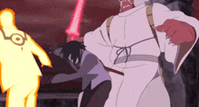 a man in a white robe is standing next to a woman in a purple shirt .