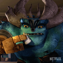 a monster with horns and a netflix logo behind it