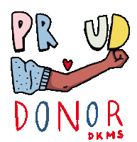 a cartoon drawing of a fist holding a heart and the words proud donor dkms
