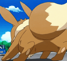 a cartoon eevee is laying on the ground looking down