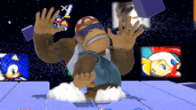 a monkey wearing sunglasses and a pirate hat is standing on a blue platform