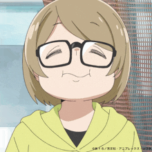 a cartoon character with glasses and a yellow hoodie is smiling with chinese writing behind her