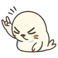 a cartoon seal is making a peace sign with its paw .