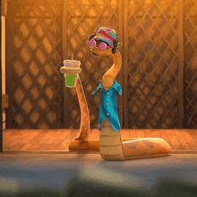 a cartoon snake wearing sunglasses and headphones is holding a cup of green liquid