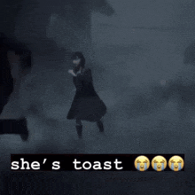 a blurred image of a girl with the words she 's toast above her