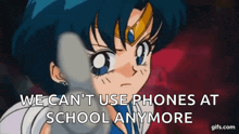 a cartoon of a girl saying `` we can 't use phones at school anymore ''