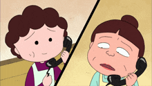 a cartoon of a woman talking on a phone next to another woman