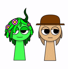a green cartoon character with flowers in her hair next to a brown cartoon character with a hat