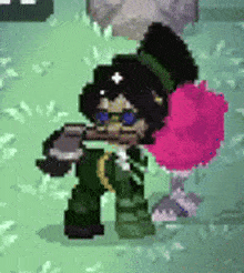 a pixel art character is holding a pink flower in a game .