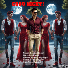 a man in a red shirt is standing in front of two women holding hands with the words good night written above him
