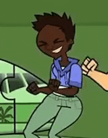 a cartoon boy is smiling while standing next to a green car .