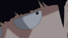 a close up of a cartoon character 's face with white eyes and black hair
