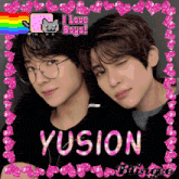 a picture of two boys with the word yusion in pink letters