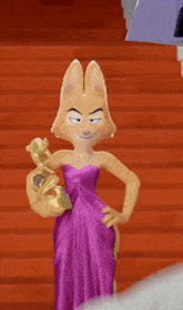 a cartoon cat in a purple dress holds a gold trophy