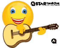 a smiley face is playing a guitar with a star tamil chat logo in the corner