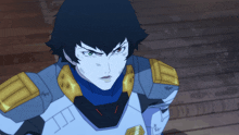 a close up of a cartoon character 's face with a blue and yellow armor