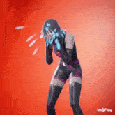 a gif of a woman covering her face with her hands with a red background