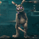 a rabbit with purple eyes is holding a bloody knife