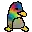 a pixel art drawing of a colorful bird with a yellow beak .