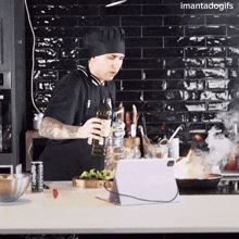 a man in a chef 's hat is pouring oil into a pan