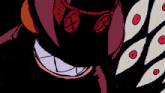 a cartoon drawing of a monster 's eyes with red and white markings