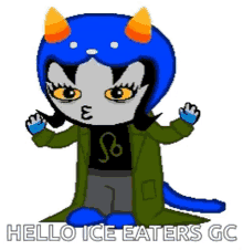 a pixel art drawing of a troll with the words hello ice eaters gc below it
