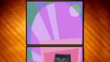 a video game screen with a purple and pink background