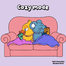 a cartoon of a duck and a mouse sitting on a couch reading a book