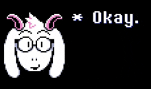 a pixel art of a rabbit wearing glasses and horns with the words `` okay '' below it .