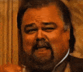 a man with a beard and mustache is making a face .