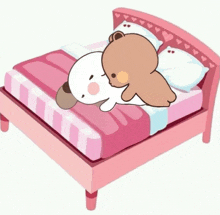 a cartoon of two bears laying on a bed with hearts on the headboard