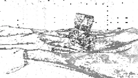 a black and white drawing of a landscape with a large rock in the middle of it .